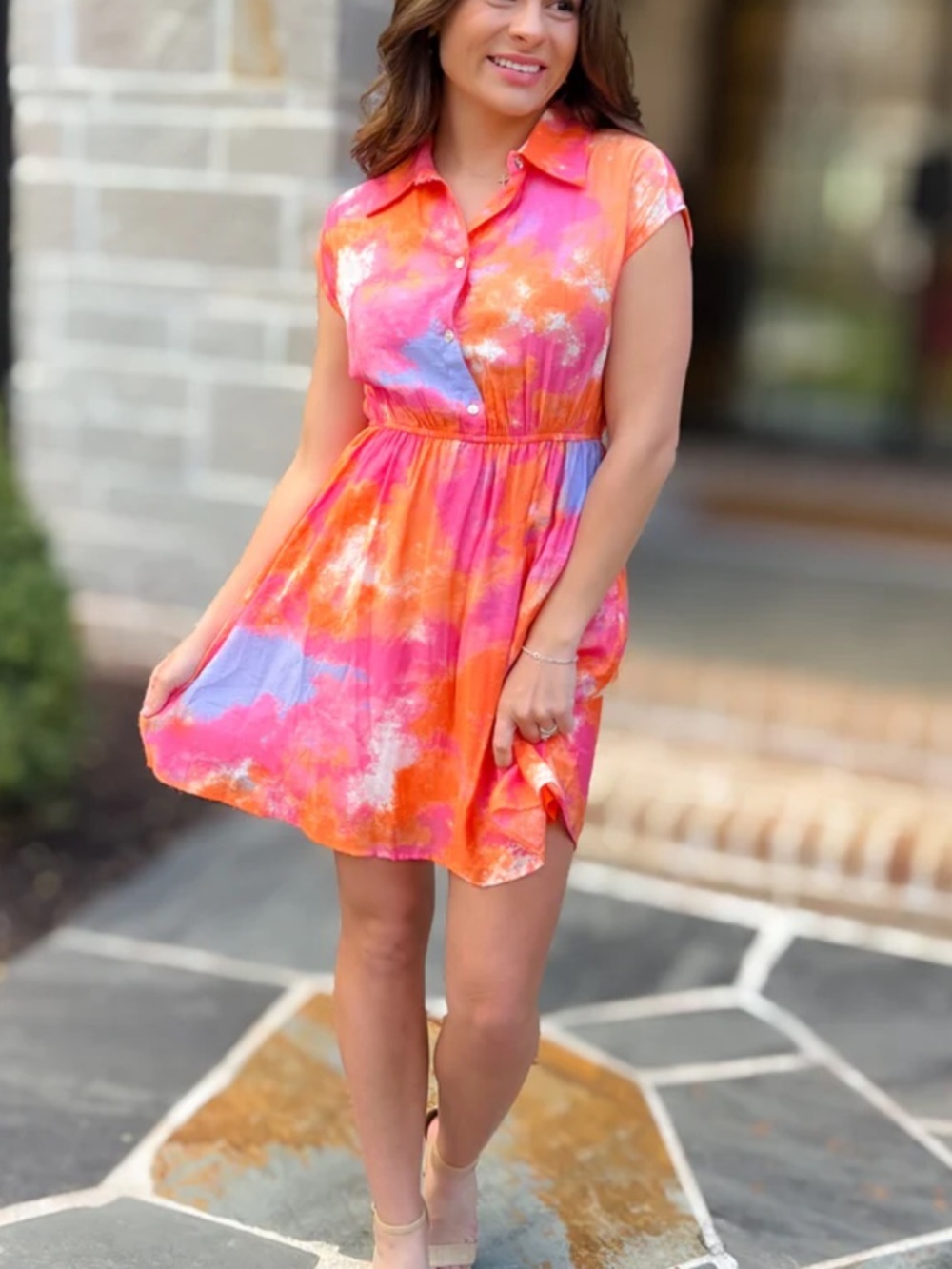 Lili Sidonio Colorful Watercolor Print Button Down Short Sleeve Mini Dress NEW M